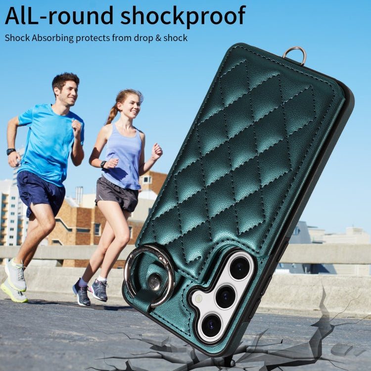 For Samsung Galaxy S24 5G Rhombic Texture Card Bag Phone Case with Short Lanyard