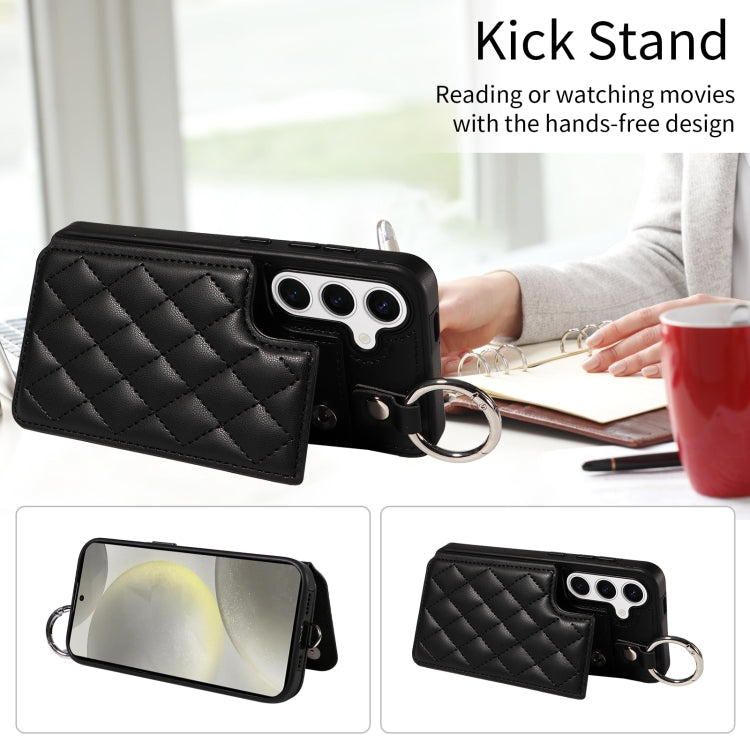 For Samsung Galaxy S24 5G Rhombic Texture Card Bag Phone Case with Short Lanyard