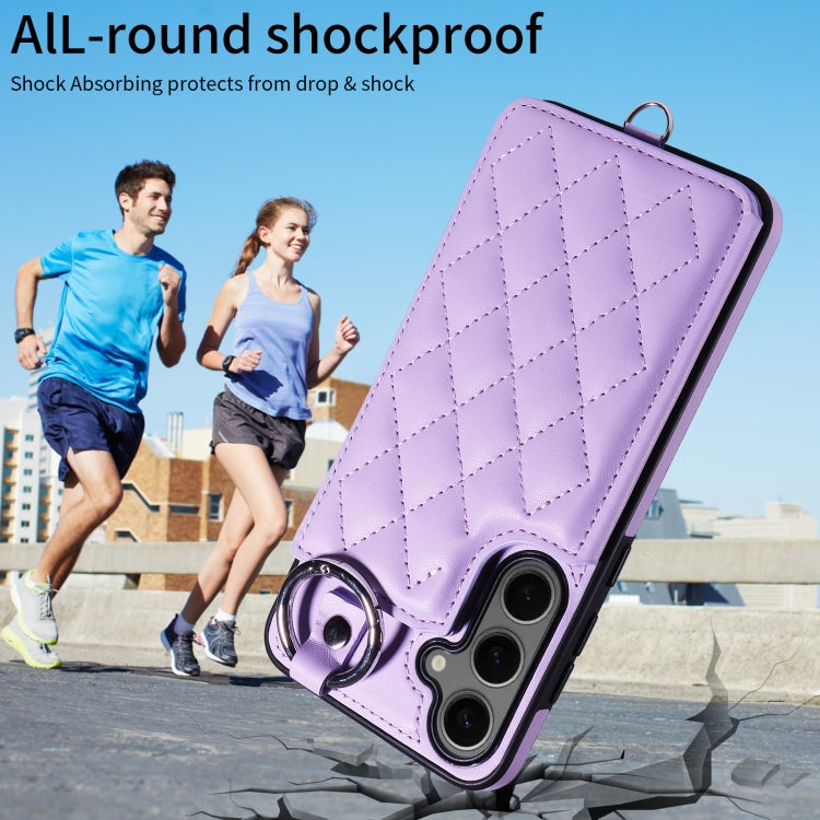 For Samsung Galaxy S24+ 5G Rhombic Texture Card Bag Phone Case with Short Lanyard