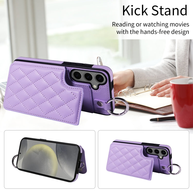 For Samsung Galaxy S24+ 5G Rhombic Texture Card Bag Phone Case with Short Lanyard