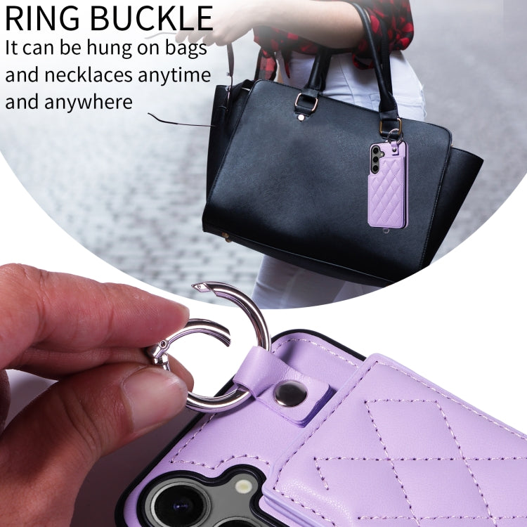 For Samsung Galaxy S24+ 5G Rhombic Texture Card Bag Phone Case with Short Lanyard