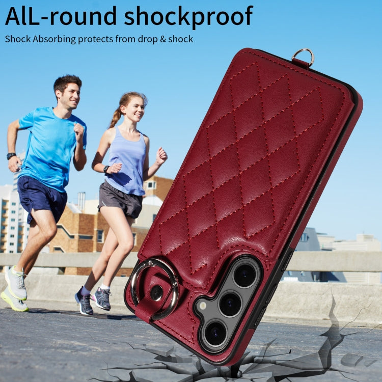 For Samsung Galaxy S24+ 5G Rhombic Texture Card Bag Phone Case with Short Lanyard