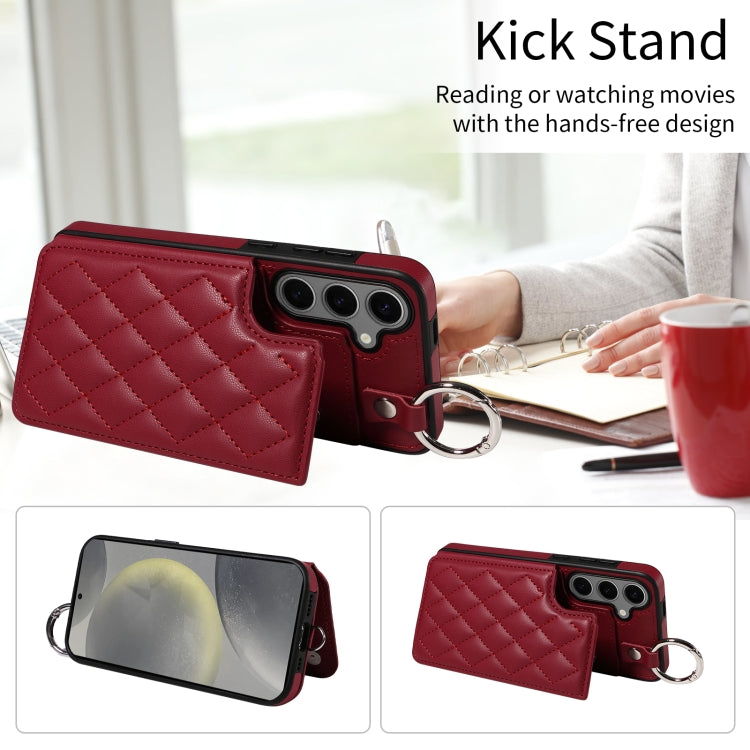 For Samsung Galaxy S24+ 5G Rhombic Texture Card Bag Phone Case with Short Lanyard