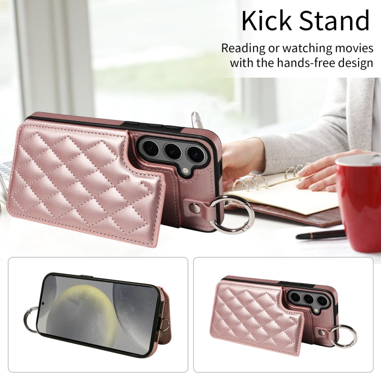 For Samsung Galaxy S24+ 5G Rhombic Texture Card Bag Phone Case with Short Lanyard
