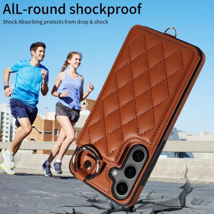 For Samsung Galaxy S24+ 5G Rhombic Texture Card Bag Phone Case with Short Lanyard
