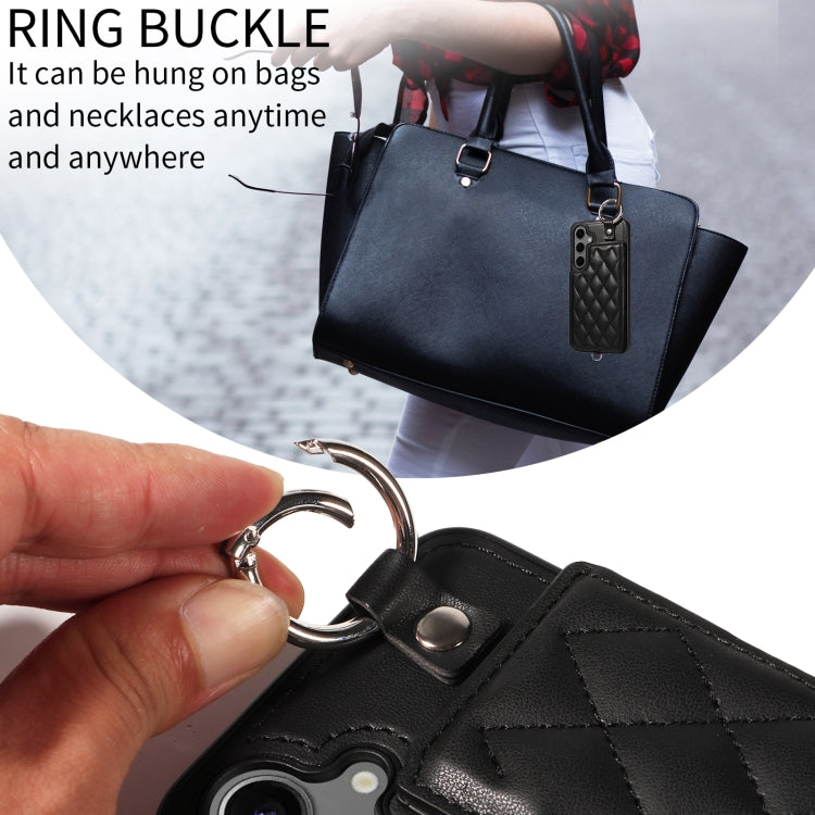 For Samsung Galaxy S24+ 5G Rhombic Texture Card Bag Phone Case with Short Lanyard