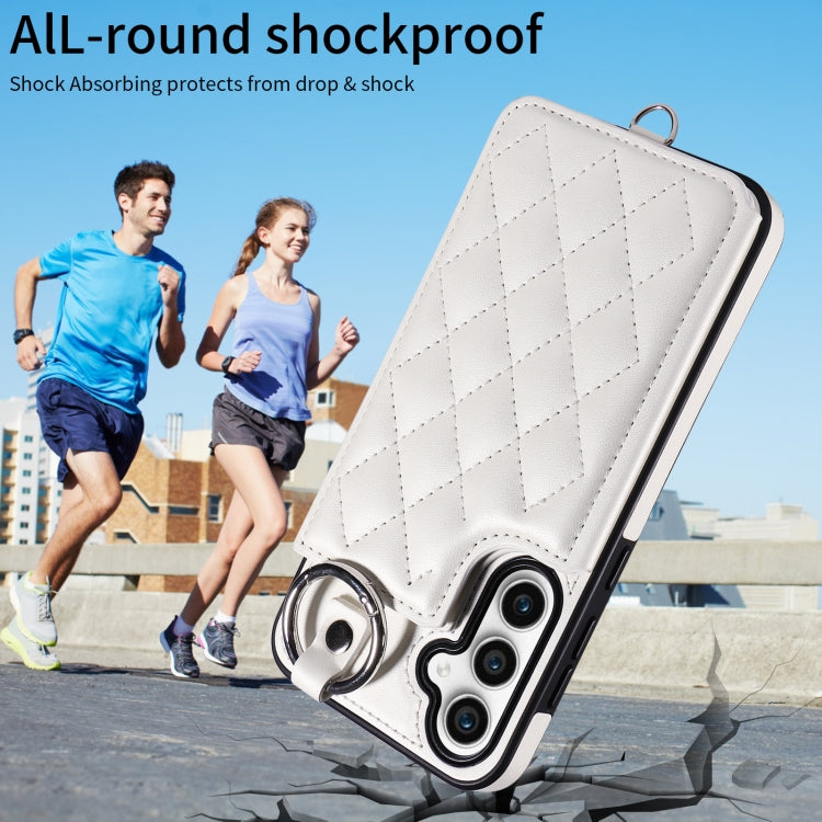 For Samsung Galaxy S23 FE 5G Rhombic Texture Card Bag Phone Case with Short Lanyard