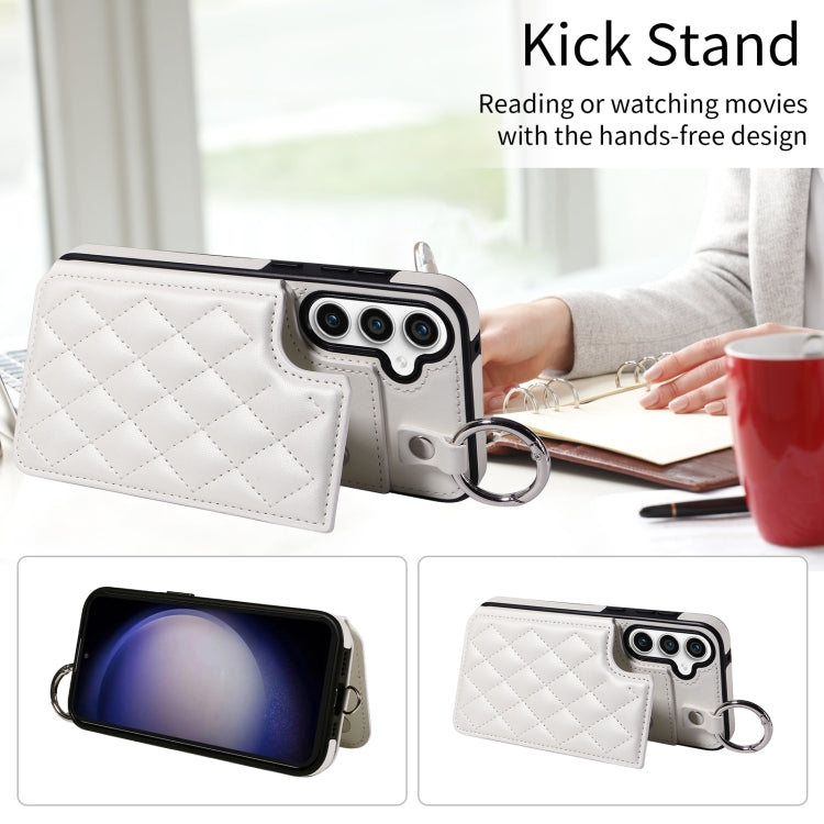 For Samsung Galaxy S23 FE 5G Rhombic Texture Card Bag Phone Case with Short Lanyard