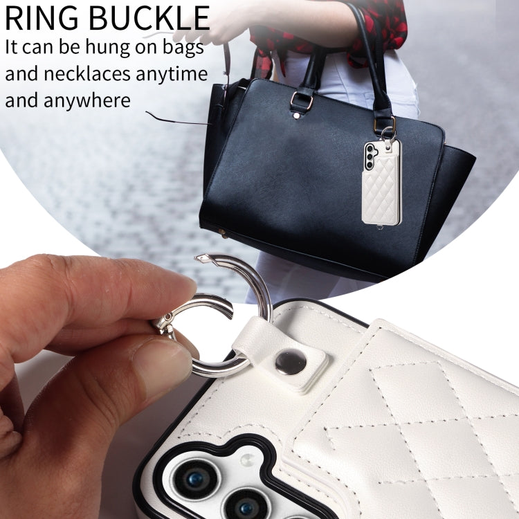 For Samsung Galaxy S23 FE 5G Rhombic Texture Card Bag Phone Case with Short Lanyard