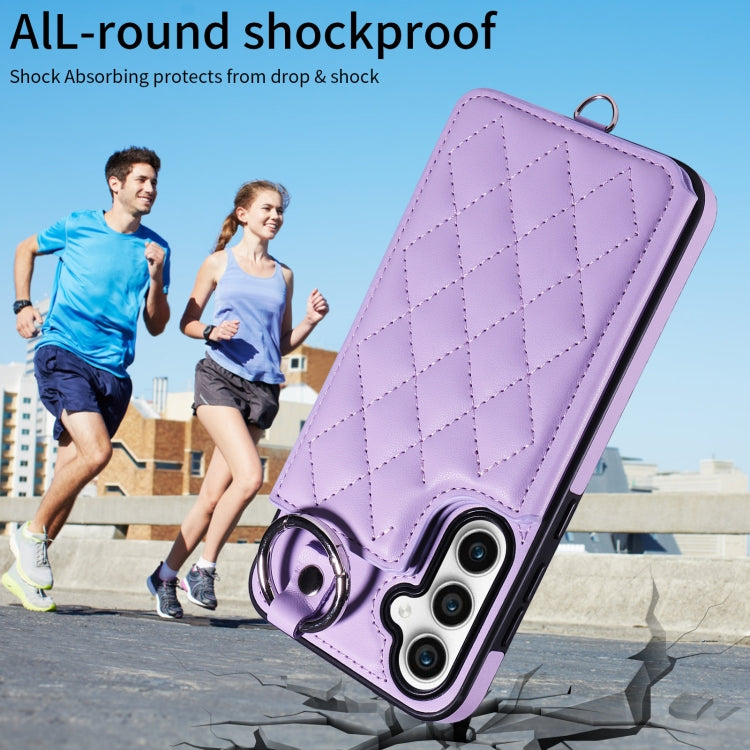For Samsung Galaxy S23 FE 5G Rhombic Texture Card Bag Phone Case with Short Lanyard