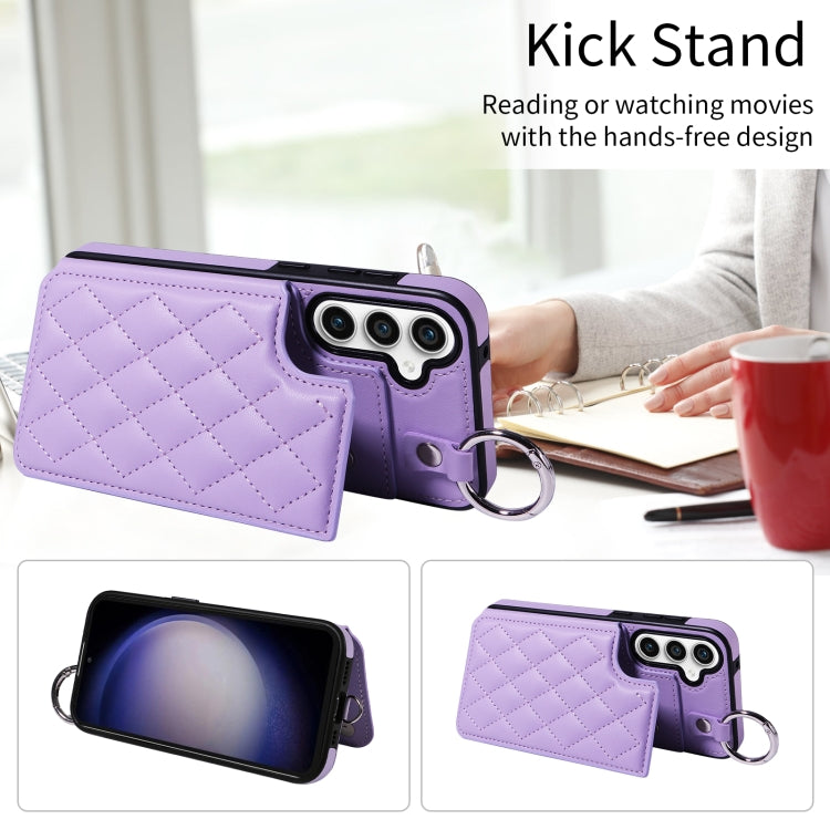 For Samsung Galaxy S23 FE 5G Rhombic Texture Card Bag Phone Case with Short Lanyard
