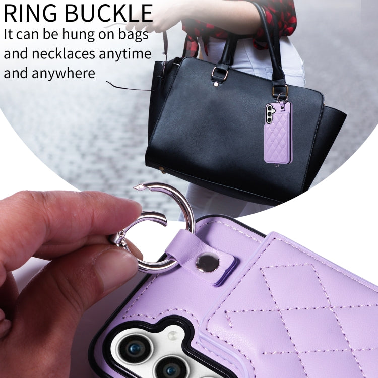 For Samsung Galaxy S23 FE 5G Rhombic Texture Card Bag Phone Case with Short Lanyard
