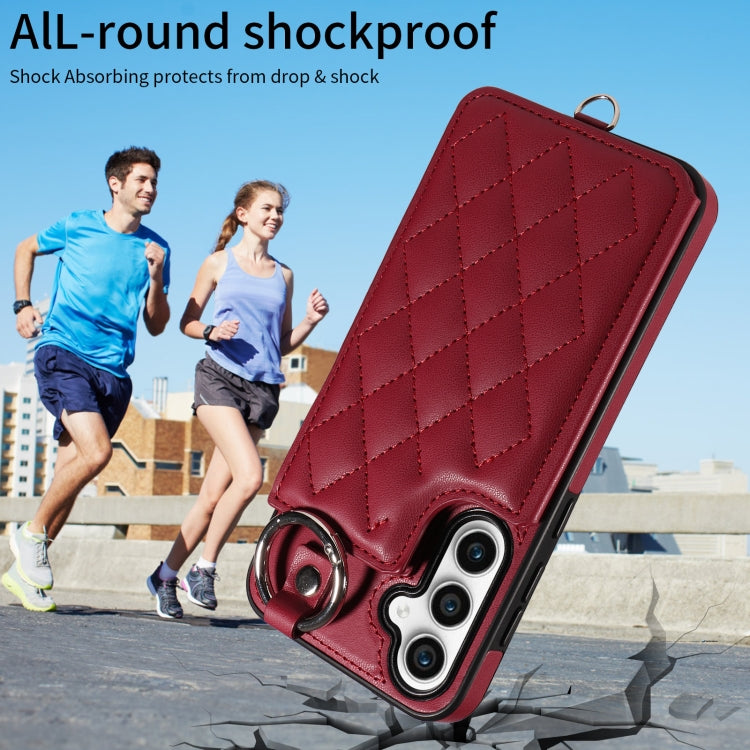 For Samsung Galaxy S23 FE 5G Rhombic Texture Card Bag Phone Case with Short Lanyard