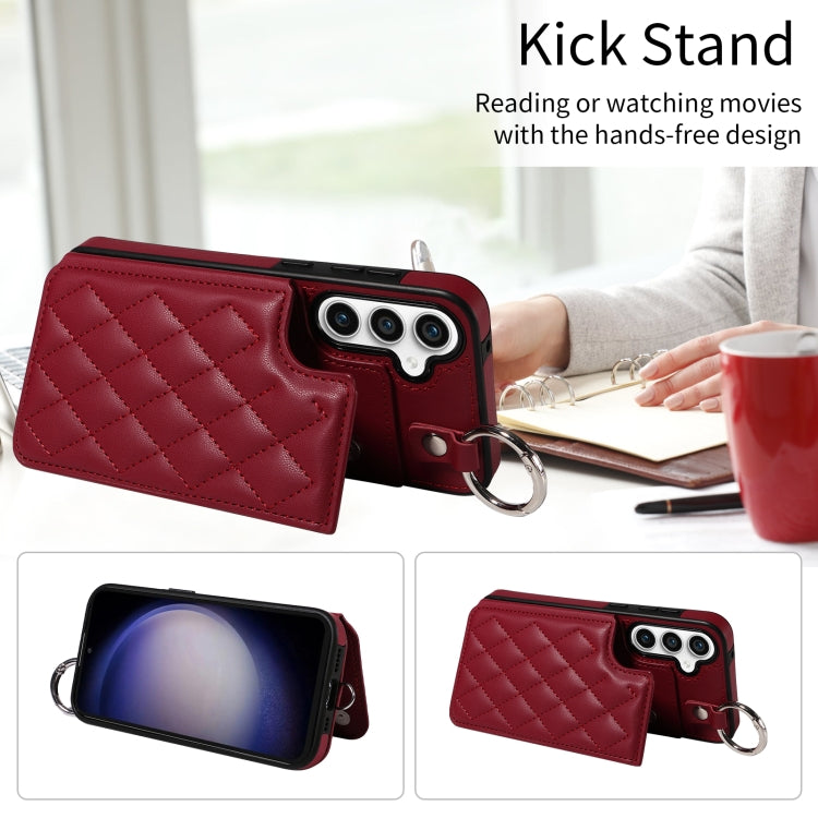 For Samsung Galaxy S23 FE 5G Rhombic Texture Card Bag Phone Case with Short Lanyard