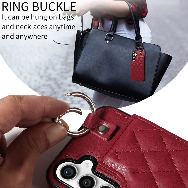 For Samsung Galaxy S23 FE 5G Rhombic Texture Card Bag Phone Case with Short Lanyard