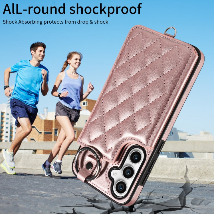 For Samsung Galaxy S23 FE 5G Rhombic Texture Card Bag Phone Case with Short Lanyard