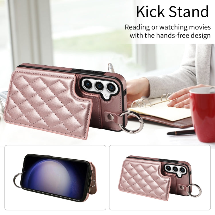 For Samsung Galaxy S23 FE 5G Rhombic Texture Card Bag Phone Case with Short Lanyard
