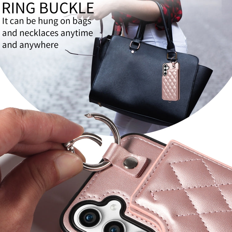 For Samsung Galaxy S23 FE 5G Rhombic Texture Card Bag Phone Case with Short Lanyard