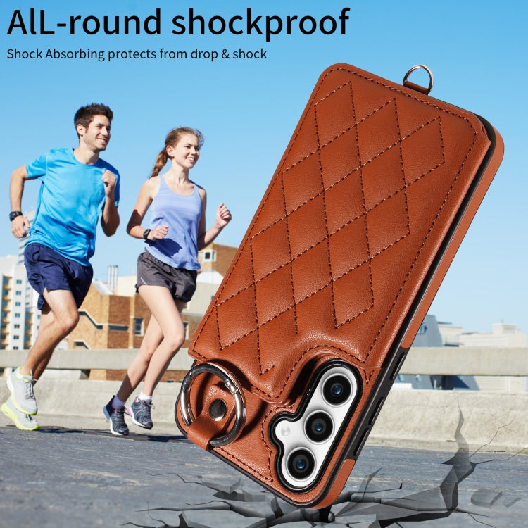 For Samsung Galaxy S23 FE 5G Rhombic Texture Card Bag Phone Case with Short Lanyard