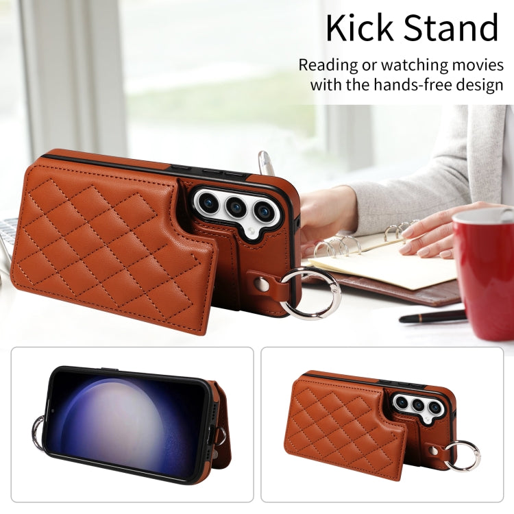 For Samsung Galaxy S23 FE 5G Rhombic Texture Card Bag Phone Case with Short Lanyard