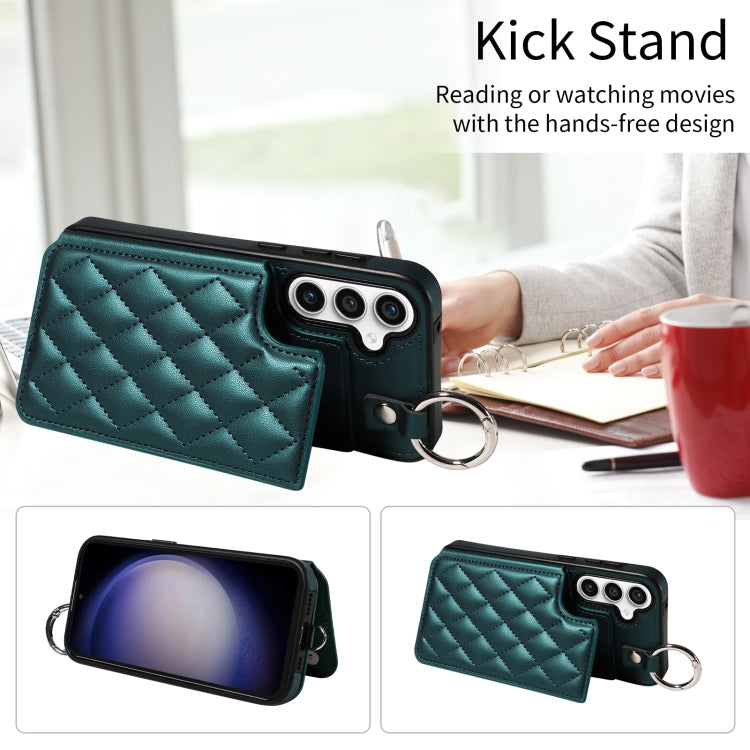 For Samsung Galaxy S23 FE 5G Rhombic Texture Card Bag Phone Case with Short Lanyard