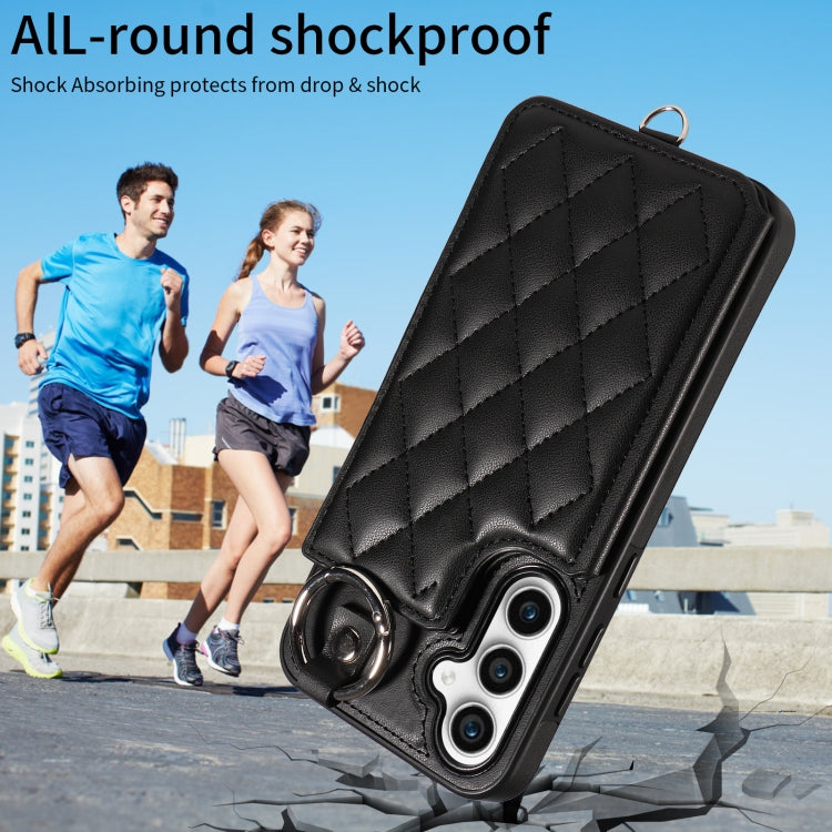 For Samsung Galaxy S23 FE 5G Rhombic Texture Card Bag Phone Case with Short Lanyard