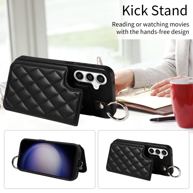For Samsung Galaxy S23 FE 5G Rhombic Texture Card Bag Phone Case with Short Lanyard