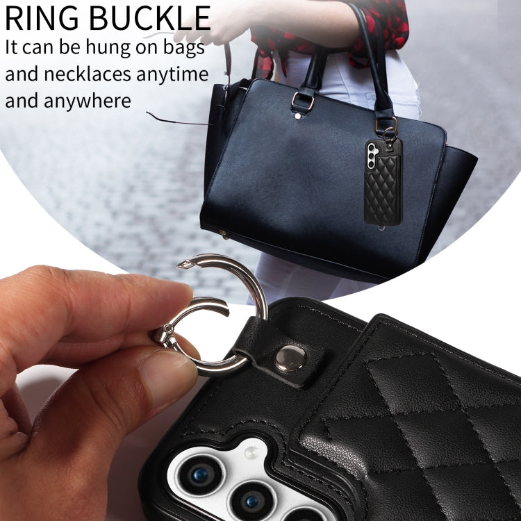 For Samsung Galaxy S23 FE 5G Rhombic Texture Card Bag Phone Case with Short Lanyard