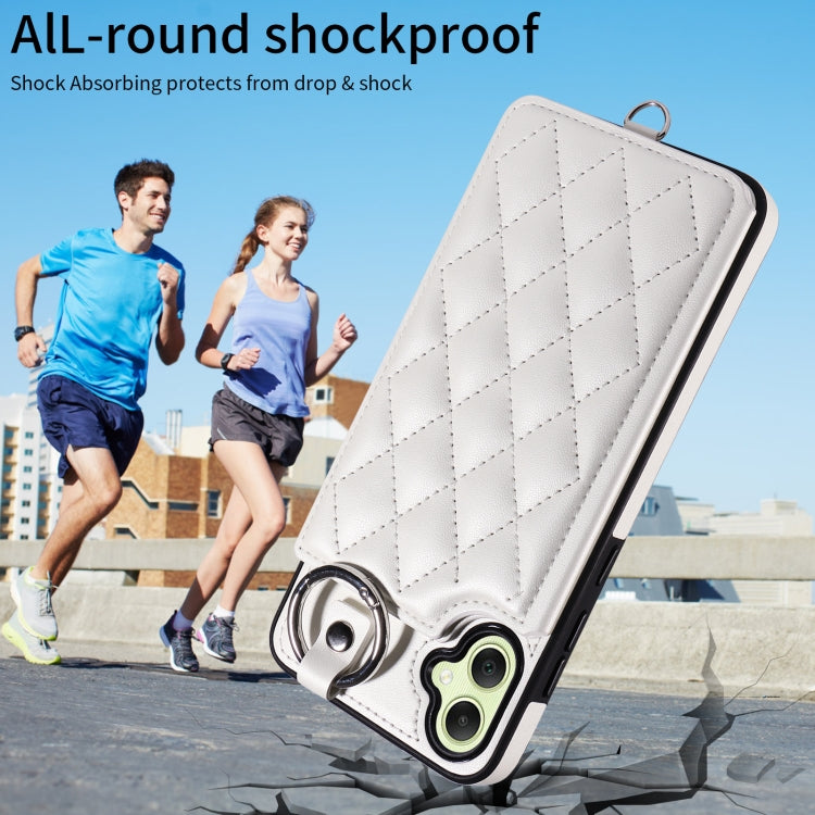 For Samsung Galaxy A05 Rhombic Texture Card Bag Phone Case with Short Lanyard