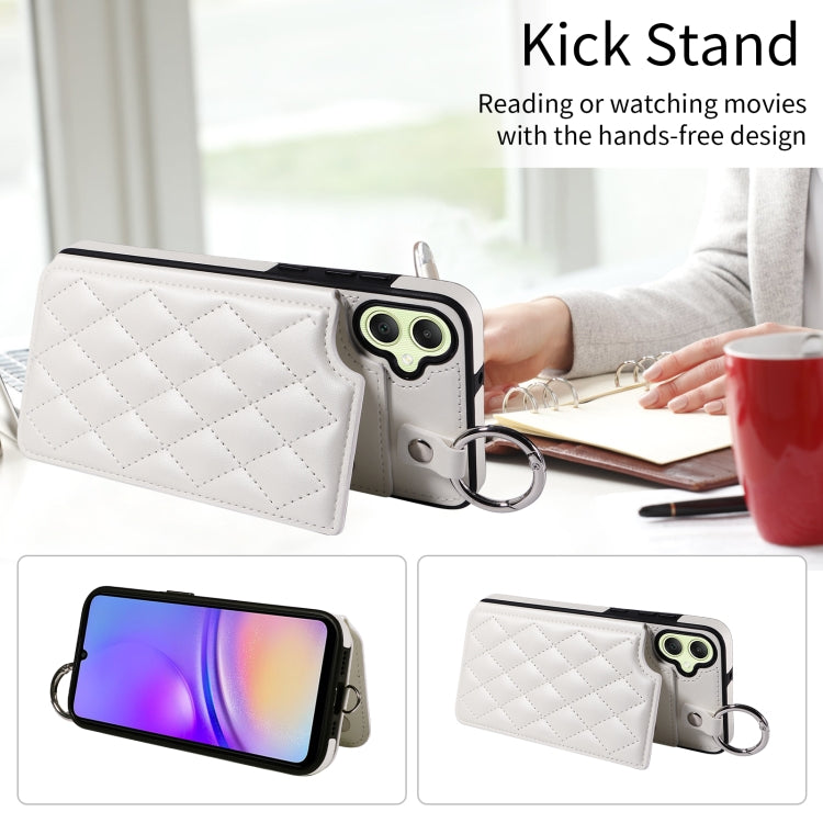 For Samsung Galaxy A05 Rhombic Texture Card Bag Phone Case with Short Lanyard
