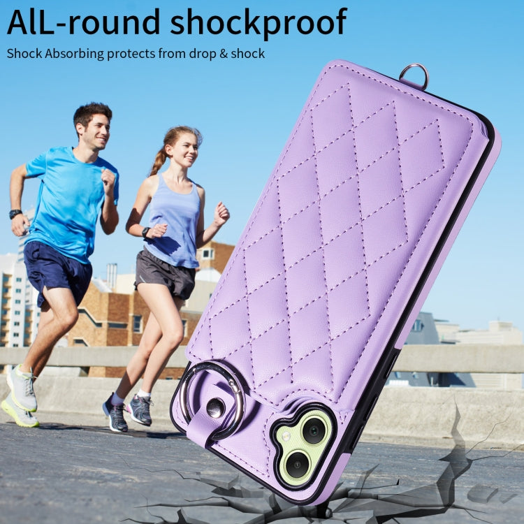 For Samsung Galaxy A05 Rhombic Texture Card Bag Phone Case with Short Lanyard