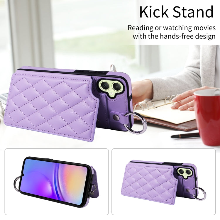For Samsung Galaxy A05 Rhombic Texture Card Bag Phone Case with Short Lanyard