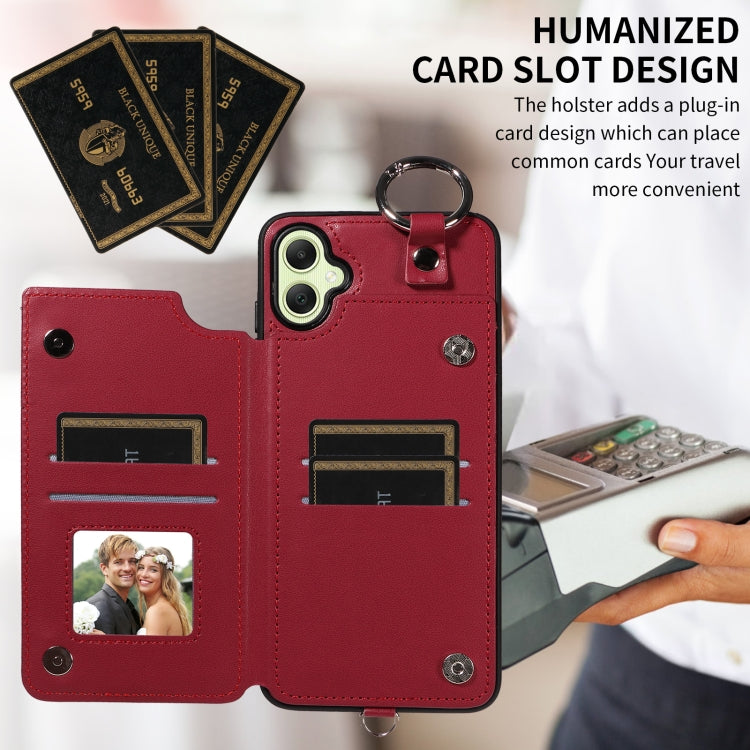 For Samsung Galaxy A05 Rhombic Texture Card Bag Phone Case with Short Lanyard