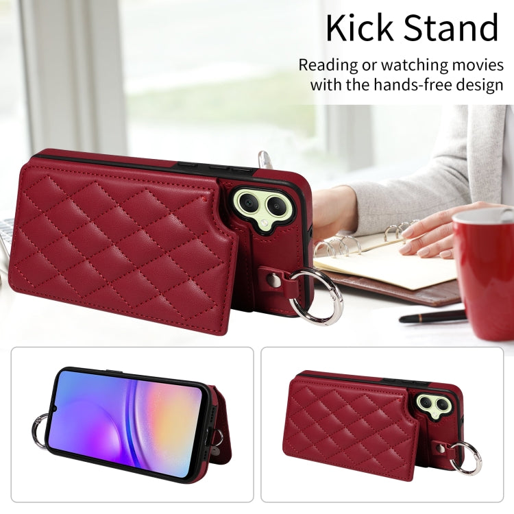 For Samsung Galaxy A05 Rhombic Texture Card Bag Phone Case with Short Lanyard