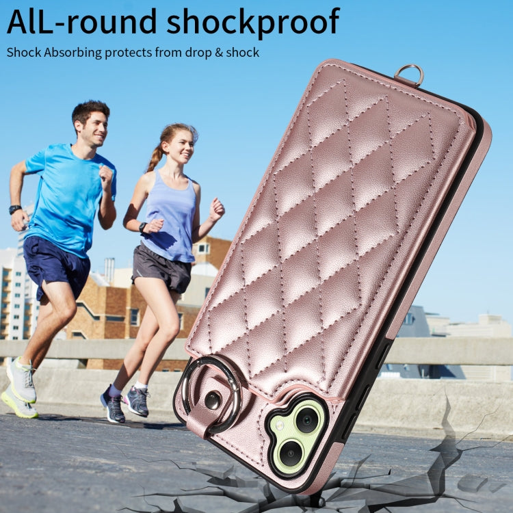 For Samsung Galaxy A05 Rhombic Texture Card Bag Phone Case with Short Lanyard