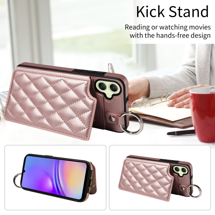 For Samsung Galaxy A05 Rhombic Texture Card Bag Phone Case with Short Lanyard