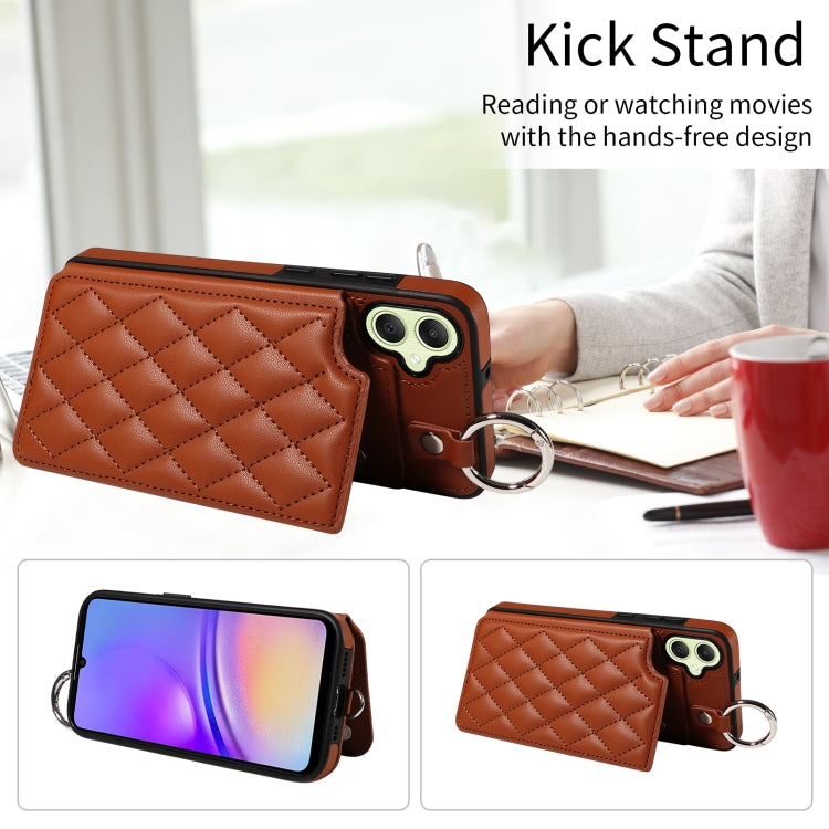 For Samsung Galaxy A05 Rhombic Texture Card Bag Phone Case with Short Lanyard