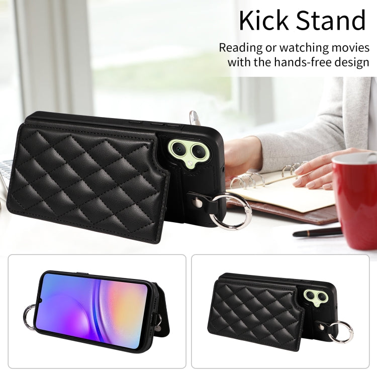 For Samsung Galaxy A05 Rhombic Texture Card Bag Phone Case with Short Lanyard