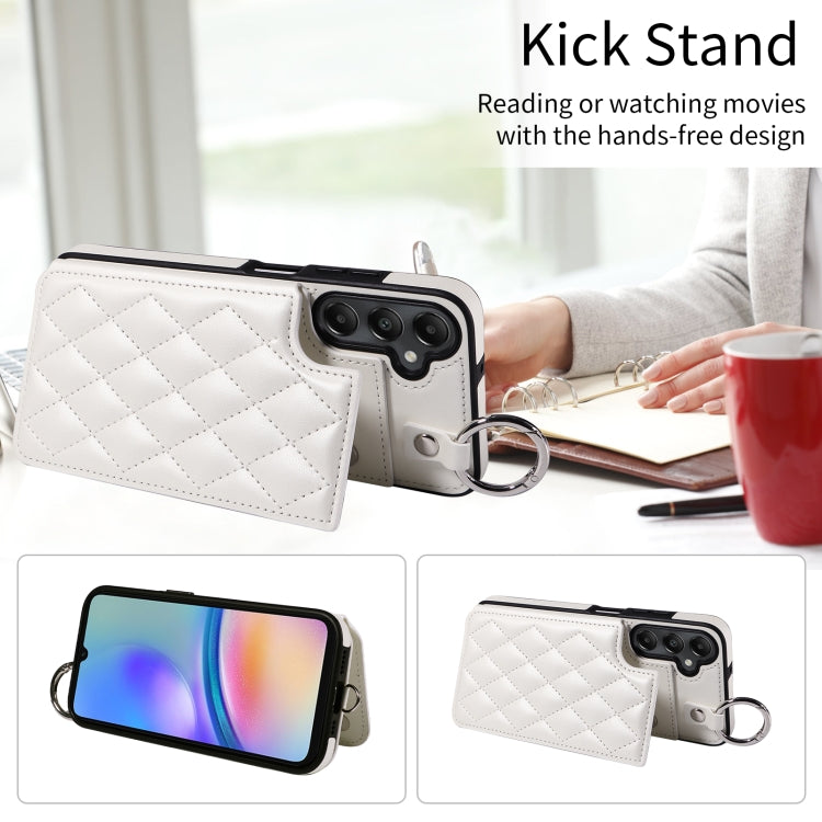 For Samsung Galaxy A05s Rhombic Texture Card Bag Phone Case with Short Lanyard
