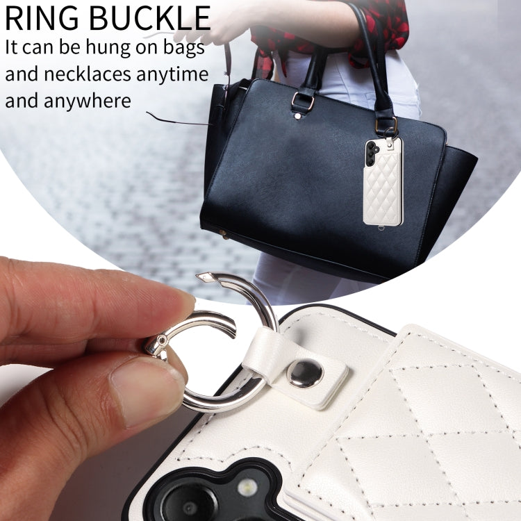 For Samsung Galaxy A05s Rhombic Texture Card Bag Phone Case with Short Lanyard