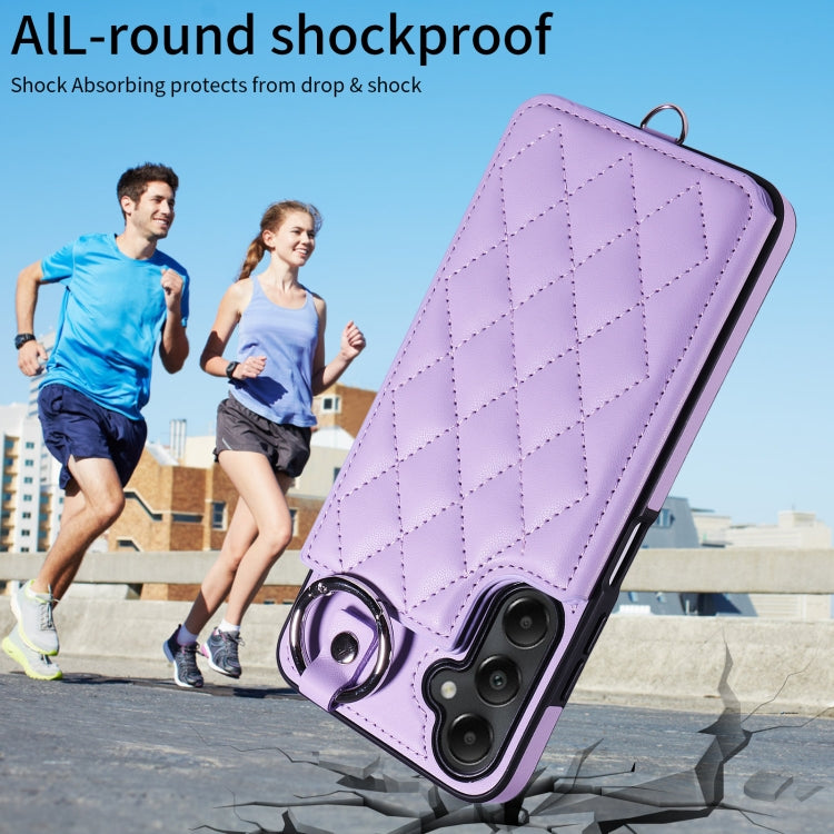 For Samsung Galaxy A05s Rhombic Texture Card Bag Phone Case with Short Lanyard