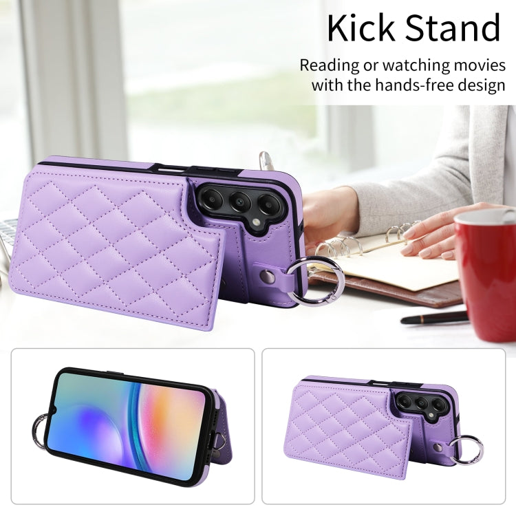 For Samsung Galaxy A05s Rhombic Texture Card Bag Phone Case with Short Lanyard