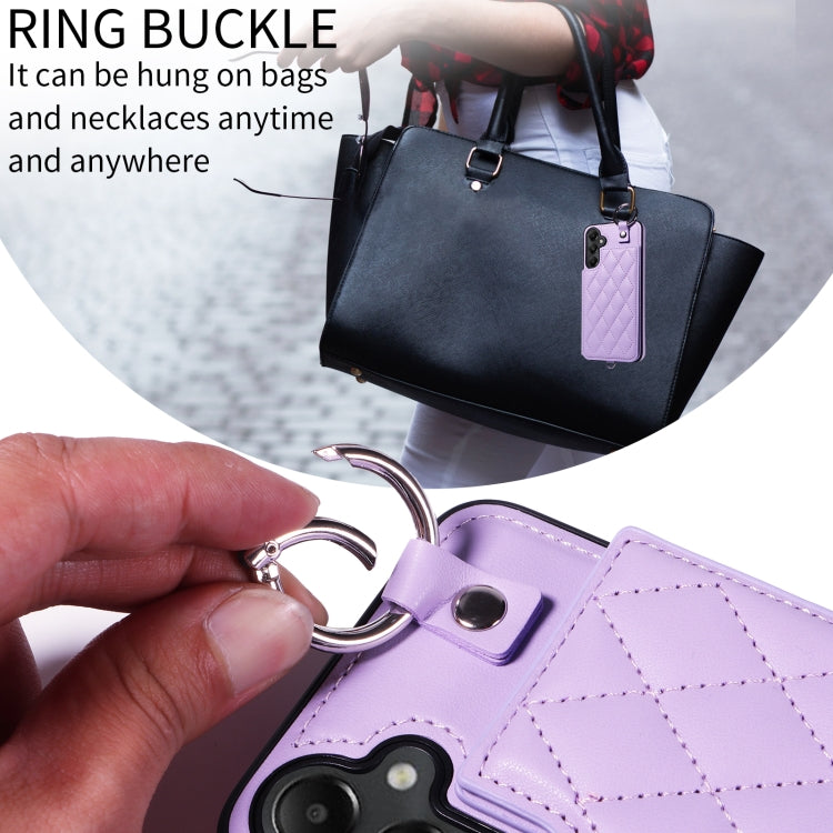 For Samsung Galaxy A05s Rhombic Texture Card Bag Phone Case with Short Lanyard