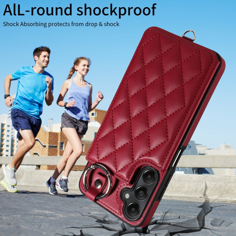 For Samsung Galaxy A05s Rhombic Texture Card Bag Phone Case with Short Lanyard
