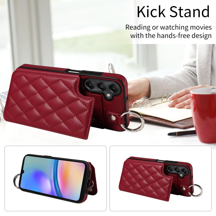 For Samsung Galaxy A05s Rhombic Texture Card Bag Phone Case with Short Lanyard