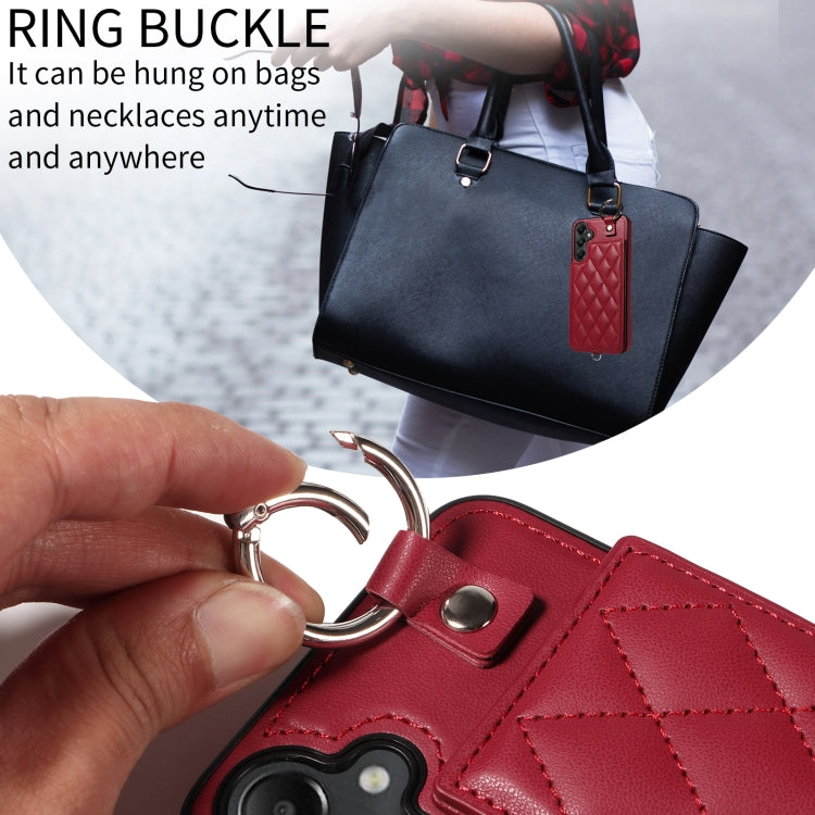 For Samsung Galaxy A05s Rhombic Texture Card Bag Phone Case with Short Lanyard