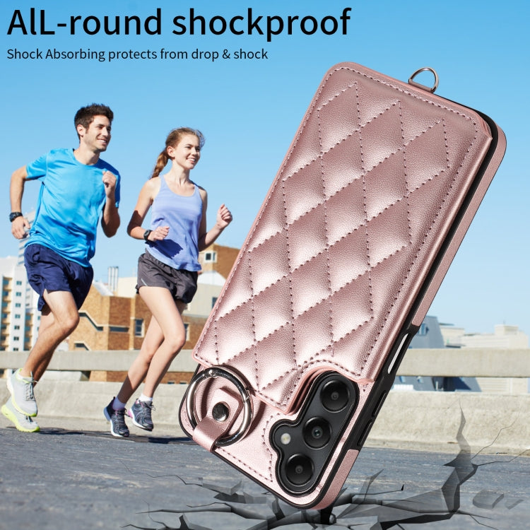 For Samsung Galaxy A05s Rhombic Texture Card Bag Phone Case with Short Lanyard
