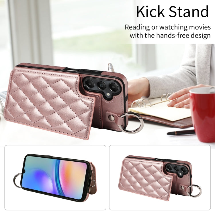 For Samsung Galaxy A05s Rhombic Texture Card Bag Phone Case with Short Lanyard