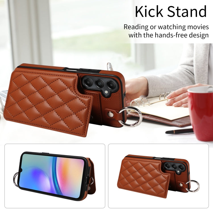 For Samsung Galaxy A05s Rhombic Texture Card Bag Phone Case with Short Lanyard