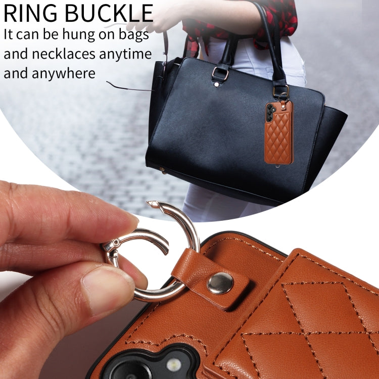 For Samsung Galaxy A05s Rhombic Texture Card Bag Phone Case with Short Lanyard